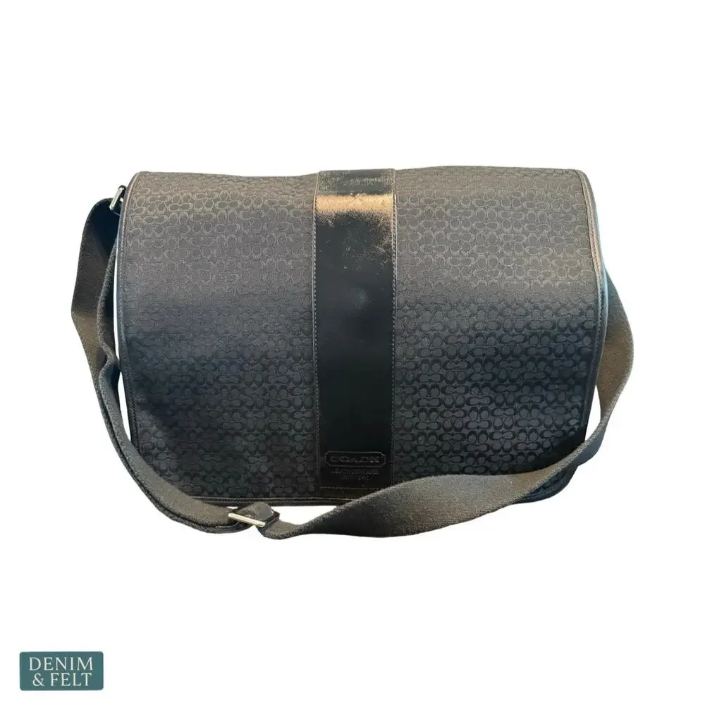 Coach Signature Hudson Messenger Laptop Bag Black‎ Canvas Leather Trim Briefcase